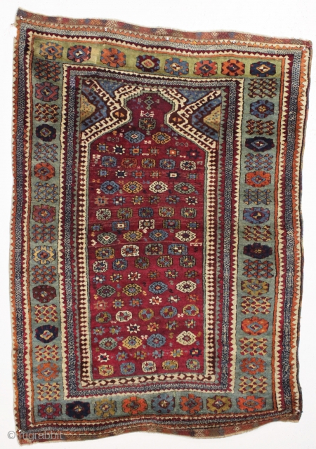 Antique east anatolian prayer rug. Strong design. Beautiful all natural colors and mostly thick high pile. Original fancy end finish. Small old repair in upper border shown. Rare to find this type  ...