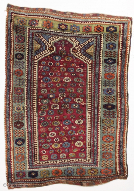 Antique east anatolian prayer rug. Strong design. Beautiful all natural colors and mostly thick high pile. Original fancy end finish. Small old repair in upper border shown. Rare to find this type  ...