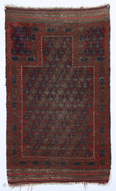 antique diminutive baluch prayer rug with an unusually simple but effective design. All natural colors. Very oxidized browns. Thin with soft blanket like handle. Overall complete with original selvages and kelim ends.  ...