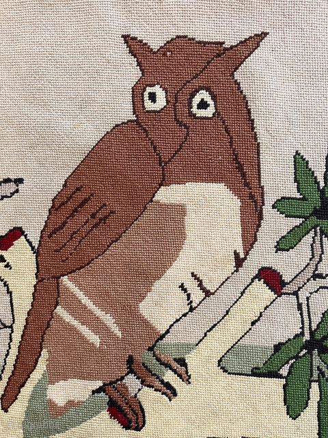 Give a hoot. Vintage needlepoint owl hanging or rug. Sewn on cloth backing. Cool and not square as shown. 24” x  36” $295 or bo       