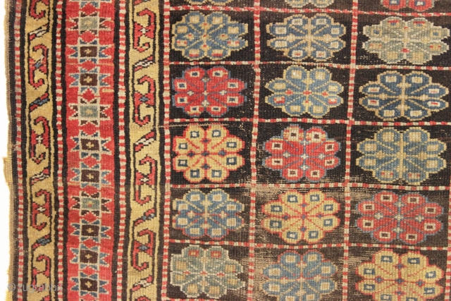 antique mystery rug. Caucasian? East Anatolian? Kurdish? Interesting design. Unusual palette. As found, very dirty with substantial scattered wear as shown. 19th c. 4'2" x 8'6"       