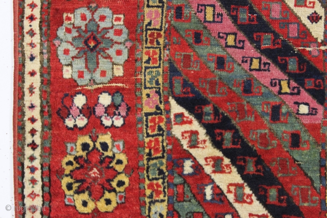 antique  little caucasian rug with very rich saturated natural colors. Fresh New England find. As found with mostly good pile, some creases, few small spots of wear as shown. All natural  ...