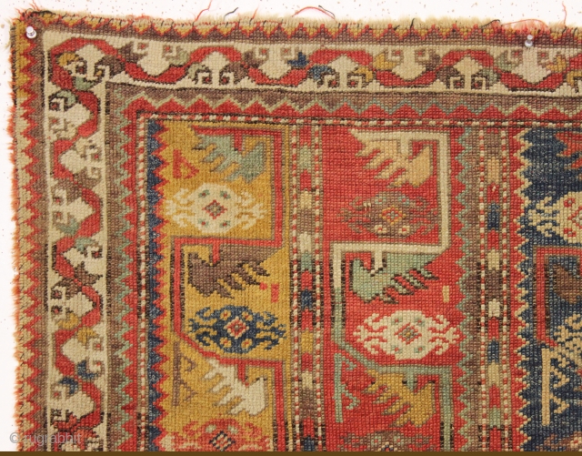 antique little turkish melas rug. Older example of the type. "as found", very dirty with areas of wear and edge loss as shown. Lovely all natural colors including a fine old yellow  ...