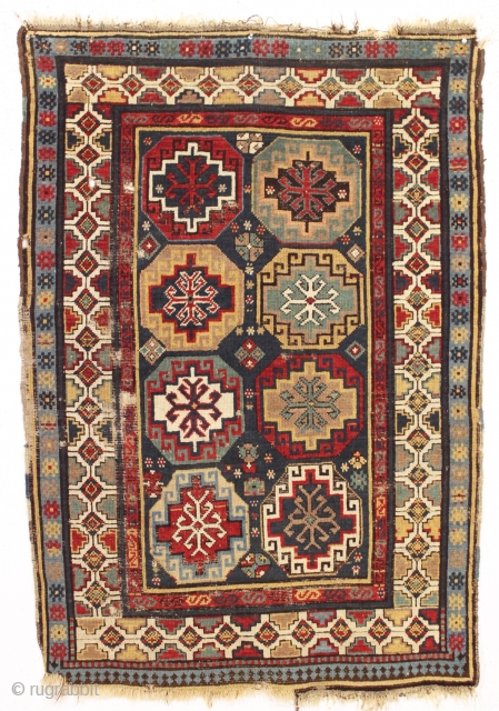 antique little caucasian rug with memling gul design field. Good saturated color and mostly good thick pile. Original selvages. Recent wash. Few nickel sized small holes, easily repaired. 19th c. 3'3" x  ...