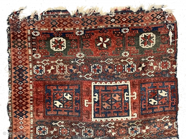 Antique Kurdish divan cover. Older example of this well known type. Mostly decent pile. All good natural colors featuring lovely blues, deep greens and a rich apricot orange. Scattered wear, creases, and  ...
