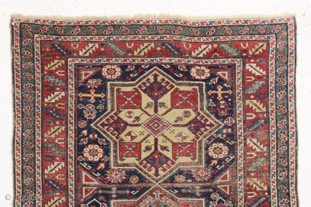 antique caucasian shirvan rug. Nice older example fresh picked in New England this week. As found, very dirty with even low pile and heavily oxidized browns. Original sides. All natural colors. Few  ...