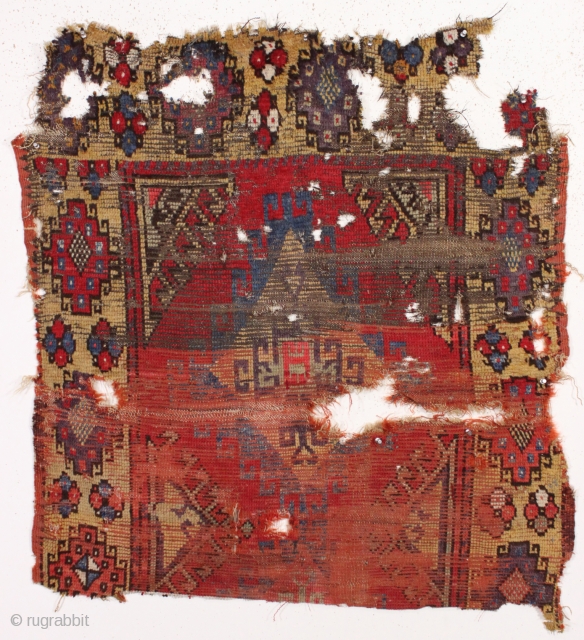 remains of an old Anatolian rug. Damaged fragment. ca. 1800 or before. 3'3" x 3'5"                  