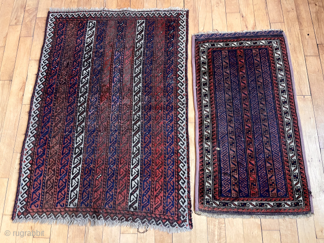 Must like stripes. Baluch balisht and rug with similar striped or cane design. Some wear as shown. Both dirty. 35” x 49” and 22” x 40” two for the price of one.  ...