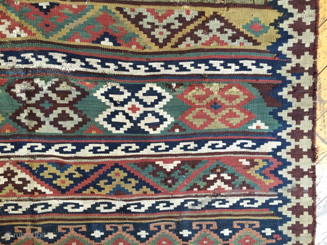 Antique south Persian kelim. All natural colors featuring nice yellows and rich greens. As found, very dirty with mostly good condition but a few small rough spots as shown. Will look terrific  ...