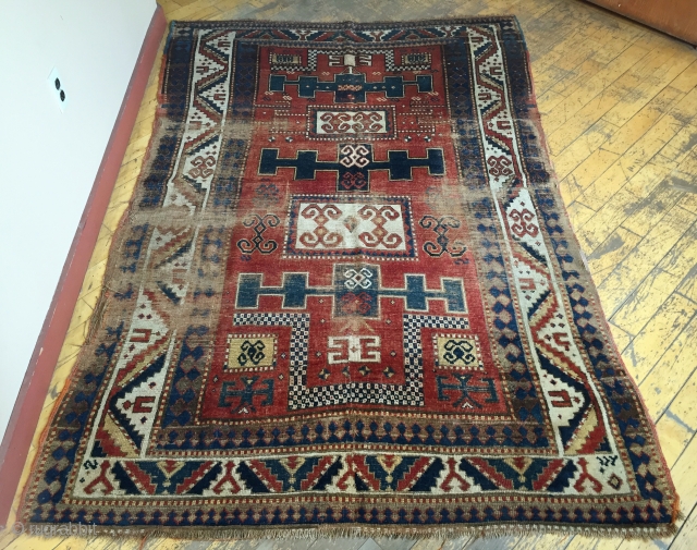 Antique large Kazak. Karachopf variant. As found, very dirty and in need of extensive restoration. 19th c.  5'2" X 7'7"            