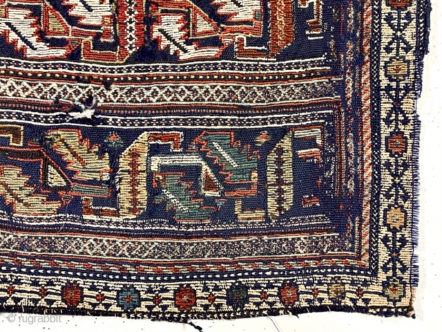 Antique little flat woven soumak(?) textile object. Interesting older tribal weaving, I assume a fragment of some larger piece. I see that the left border is sewn on to the field. Whites  ...