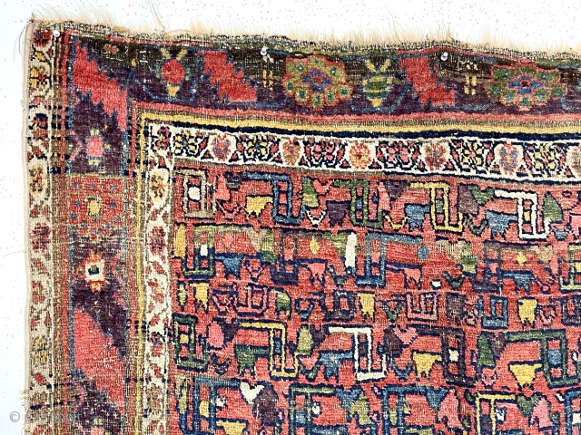 Early northwest Persian rug, possibly Kurd bidjar, very rough, with a most unusual field design. I don’t think I have ever seen this repeat pattern as such. The archaic main border seems  ...