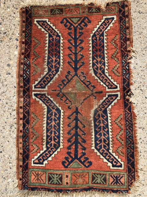 Early Anatolian yastik with spacious  “saz leaf” design. All natural colors including a lovely true green. Some good pile, some heavy wear as shown. Edges rough, some original selvage. Looks like  ...