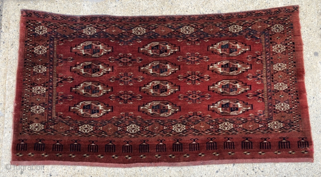 Antique large yomud turkman chuval in excellent condition with spacious drawing and a wonderful eye catching elem panel. Nice tight weave, good lustrous pile and rich natural colors including pretty yellow highlights.  ...