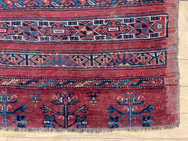 
Early large beshir chuval with classic banded design field and a particularly bold and beautiful elem panel. Some wear and roughness as shown. Puzzling edges. First impression is repaired sides but on  ...