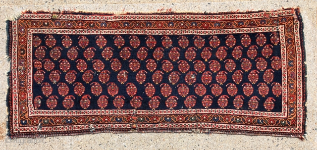 Antique northwest Persian very wide bag or trapping, probably Kurdish, with high quality wool and vibrant natural colors. Very delicately drawn boteh on the dark blue ground. Overall good tight weave with  ...