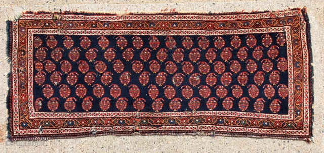 Antique northwest Persian very wide bag or trapping, probably Kurdish, with high quality wool and vibrant natural colors. Very delicately drawn boteh on the dark blue ground. Overall good tight weave with  ...