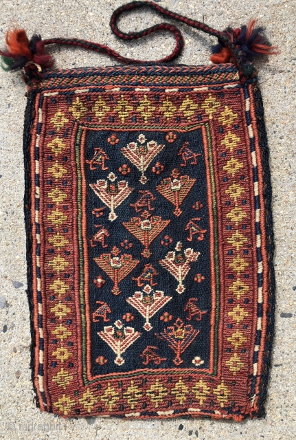 Antique complete small flat woven personal bag. Shahsavan? Charming little weaving with animals and trees on one side and diagonal bands of stylized plants on back. Appears to be mixed technique with  ...