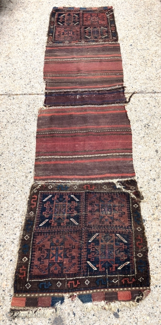 Antique original complete pair of Baluch bags as woven with an interesting very uncommon design including terrific “money” borders. Overall low pile with scattered wear and heavy oxidation as shown. All natural  ...