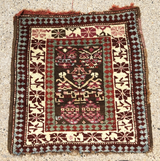 Antique Caucasian karrabagh bagface with good pile and all natural colors. Typical karrabagh use of cochineal red and pretty greens. Original selvages and remnant kelim end. I see one very small crude  ...