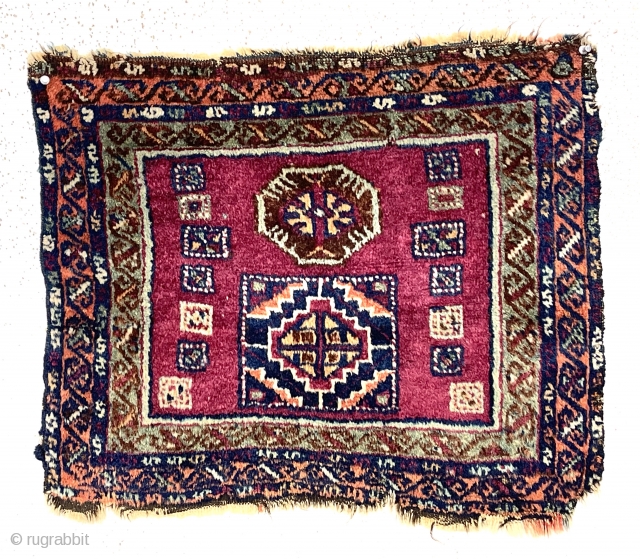 Antique little pile bagface with color and design of an east Anatolian Kurdish weaving but in an uncommon small squarish format. Mostly good thick pile. All good ver saturated colors. Remnant selvages  ...