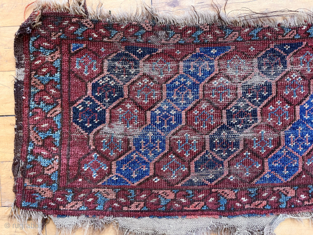 Antique turkman torba or kap. All good natural colors featuring pretty light blues. Low pile with wear and edge roughness as shown. Being a Non standard design I assume ersari origin. Unusual  ...