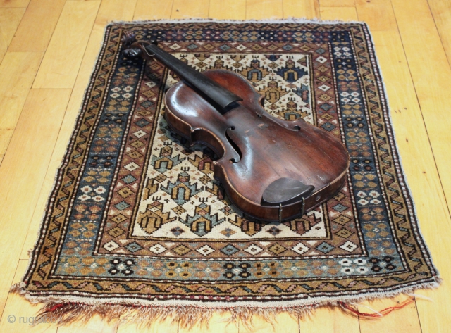 either a really big violin or a really small rug. Antique very small caucasian rug with ivory ground and classic palmette design. Overall pretty good condition and recently washed. Sweet little weaving.  ...