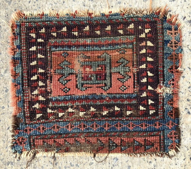 Antique little Anatolian yastik fragment. About 1/3 of an older uncommon yastik type. Beautiful natural colors. Low pile, wear and small sewn up damage as shown. Reasonably clean. Good age. 3rd qtr.  ...