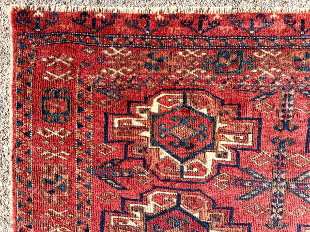 Antique good sized turkman Chuval. Saryk? First rate saturated natural colors. Multiple reds and attractive apricot orange highlights. Overall decent even low pile with light center wear. All wool. Nice fat guls.  ...