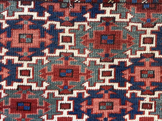 Early eye catching turkman weaving, probably an ersari trapping. Powerful Aksu design and although reduced still extra wide. Good pile. Lovely old natural colors featuring rich greens and vibrant blues. Cut and  ...