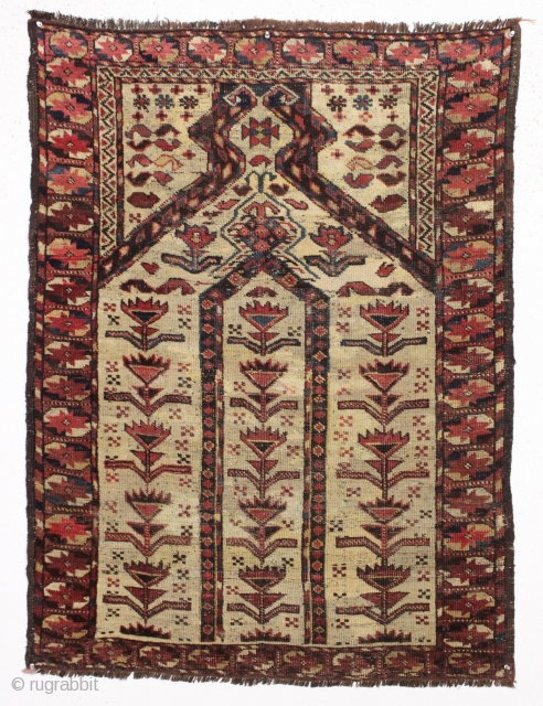 Antique ersari beshir prayer rug. Interesting, somewhat simple or primitive version of an iconic design. All natural colors. Coarse weave with slight creasing. Some scattered old repairs of varying quality. Not a  ...