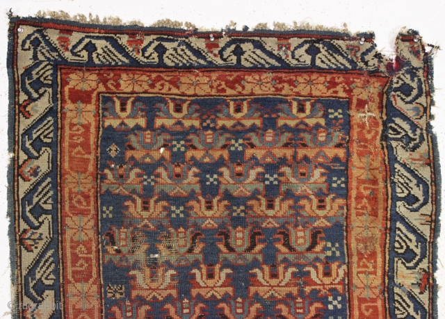 Antique kuba seichour rug. "As found", very dirty with wear and damage as shown. All natural colors. Crude repairs backed with what looks like the family table cloth. Good age. ca. 1870  ...