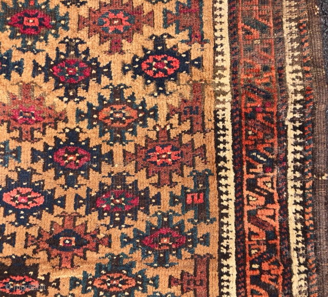 Antique camel ground Turkish knotted Baluch with wild colors and unusual design. Overall mostly good pile with some spots of wear as shown. Appears to be true camel hair ground. I believe  ...