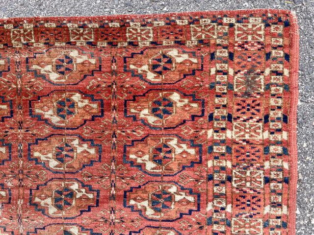 Antique turkman Tekke Chuval. Classic drawing, fine weave and blanket like soft handle. Lovely elem panel. Mostly decent low pile with center west and a couple small holes. All natural colors with  ...