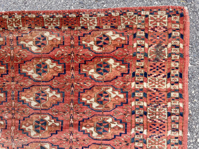 Antique turkman Tekke Chuval. Classic drawing, fine weave and blanket like soft handle. Lovely elem panel. Mostly decent low pile with center west and a couple small holes. All natural colors with  ...