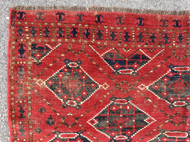 Antique turkman Chuval with an interesting uncommon design. Ersari? Both field and border are unfamiliar to me. Overall mostly decent low pile with scattered wear and oxidation. I see few old small  ...