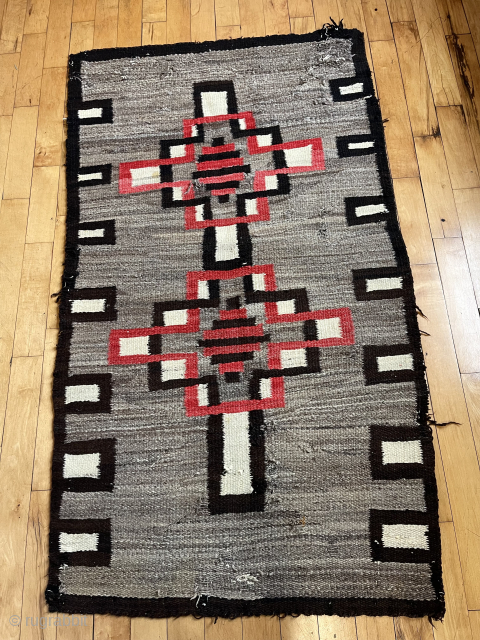Vintage Navajo rug or blanket. Bold design with attractive color. No dye run. Coarse weave. As found with numerous little holes and pulls. Reasonably clean. Looking to close out inventory of rugs  ...