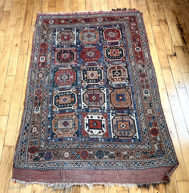 
Antique Afshar rug with an attractive field design I have not seen before. Good overall condition with decent pile. All wool including warps although oddly I see a small area of dark  ...