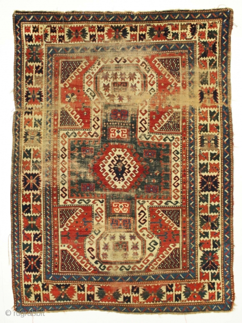 Antique caucasian Sewan rug. Early example. Thin with wear "as found". All good natural colors including a deep green center medallion. Heavy oxidation. Washed but no repairs. Structurally sound. Mid 19th c.  ...