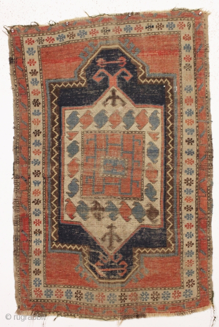 antique caucasian rug. Ghostly archaic little rug. As found, very very dirty. 2'10" x 4'4"                  