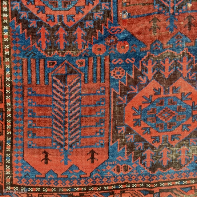 Antique extremely colorful Baluch main carpet. All natural colors including brilliant ember reds and electric blues. Just picked. And yes it really looks like the pics. Overall evan low pile with brown  ...