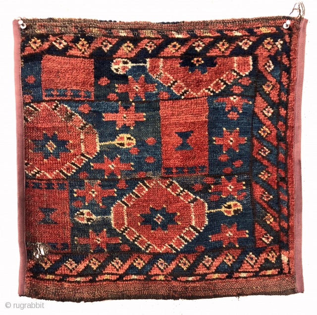 Antique little ersari torba or trapping fragment. Probably 1/3 of a wide ikat type design weaving. Beautiful natural colors and soft luxurious wool. Remnant kelim ends. Reasonably clean. Some unusual design features  ...