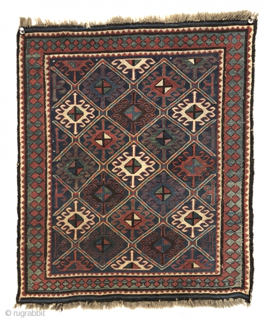Antique shahsavan soumak bagface. Locally found and in very good overall condition. Delicately drawn latch hooked motifs and striped lattice on a pretty medium blue ground. All natural colors. Good tight weave.  ...