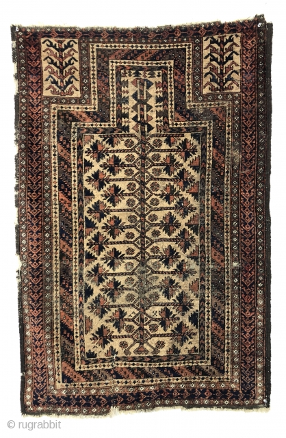 Antique camel ground Baluch prayer rug. Older example with good drawing and colors but very rough with wear and heavy brown oxidation. Priced accordingly. 3’1” x 4’7”      