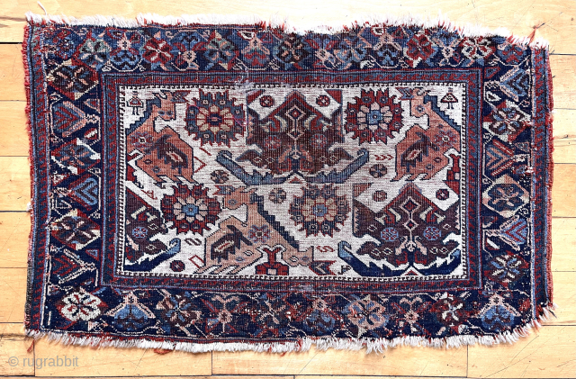 Antique early little Afshar Bagface or trapping. Iconic design. First rate color. Overall thin with wear and rough edges. Ex J. Collins. Mid 19th c. 18” x 31”     
