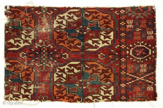 Antique Tekke rug fragment. Not to big, not to small, just right. Makes a fine large mouse pad. All good colors. app. 12" x 20"        