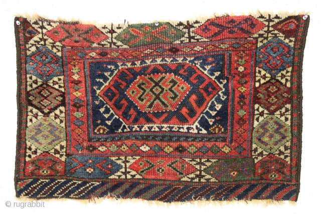 Antique kurdish bagface. First rate natural colors with 2 greens. ca. 1875 or earlier. 18" x 29"                