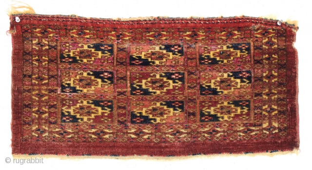 Antique little tekke mafrash. Nice older example. All natural colors with beautiful magenta silk highlights. No cotton. Small sewn up tear in upper corner. ca 1875 or earlier. 13" x 25"  