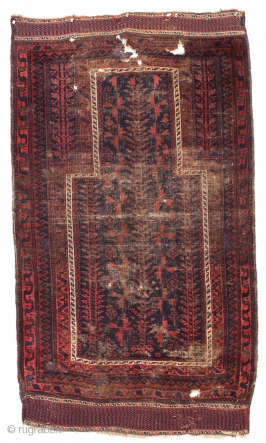 antique baluch prayer rug, probably timuri. Older example with unusual blue ground and extemely fine and beautiful kelim ends. Very abused with heavy wear and holes as shown. Priced accordingly. All natural  ...