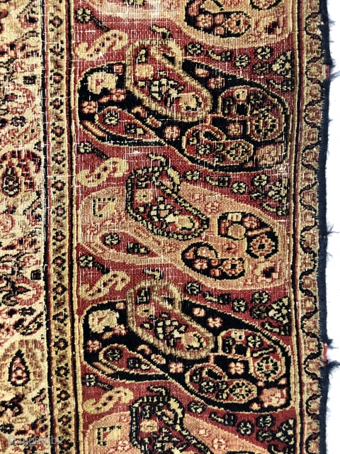 Antique small Persian rug with an appealing mother and daughter boteh border and an intricate ivory ground boteh lattice field. Unfortunately in rough condition with very low pile and much wear. Edges  ...